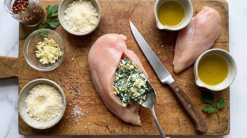 Spooning creamy spinach artichoke filling into a pocket cut inside a raw boneless chicken breast on a wooden board.
