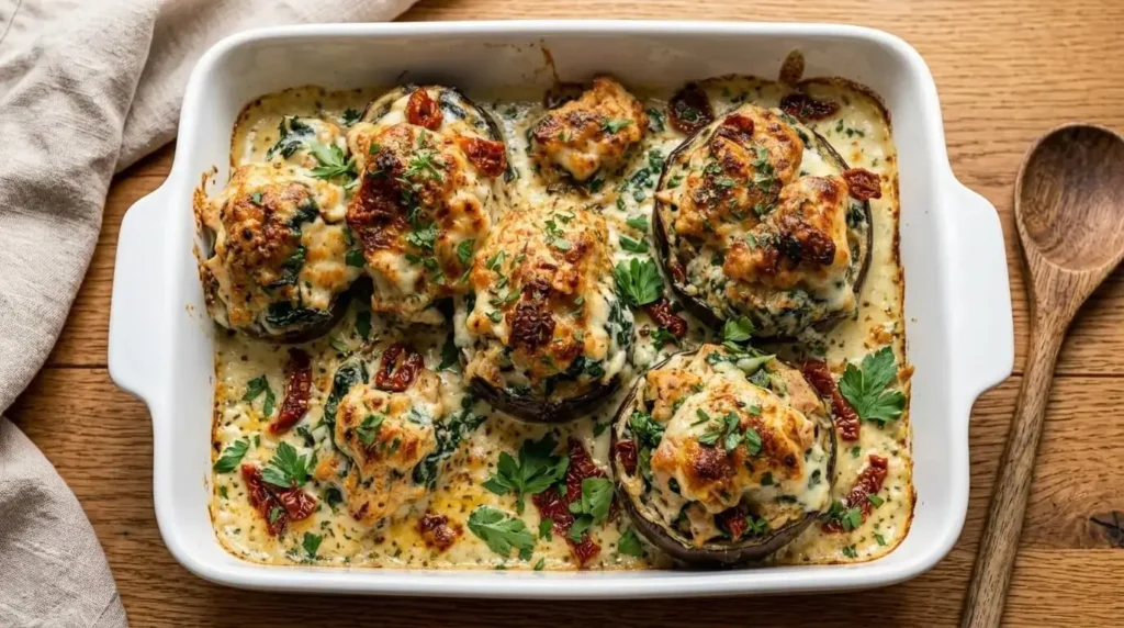 Spanish chicken stuffed eggplant cups baked in a white ceramic dish topped with melted golden Manchego cheese and parsley.