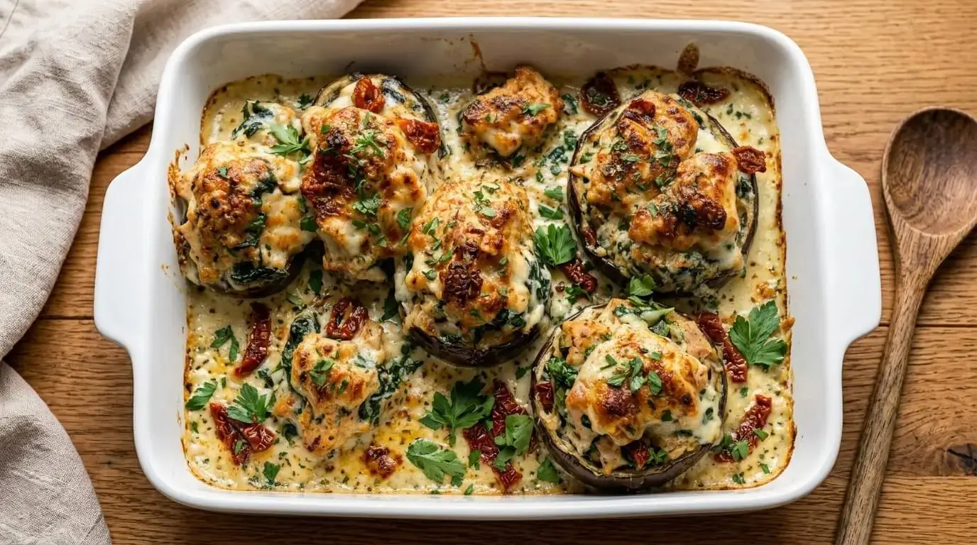Spanish chicken stuffed eggplant cups baked in a white ceramic dish topped with melted golden Manchego cheese and parsley.
