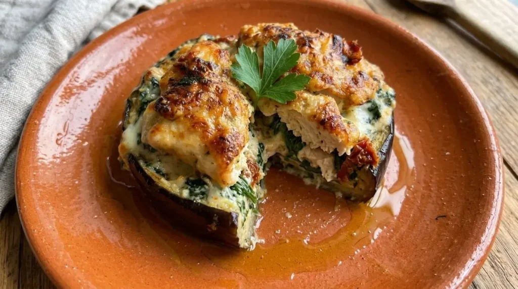 Plated single serving of Spanish chicken stuffed eggplant showing creamy chicken filling and golden cheese top.