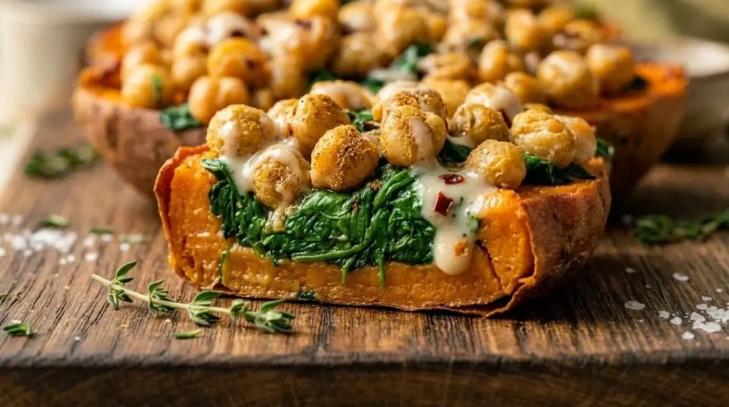 Close-up macro view of crispy chickpea stuffed sweet potato topped with garlic spinach and tahini drizzle.