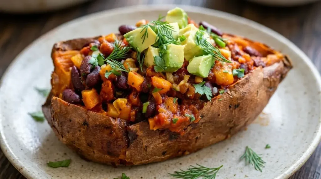Close-up of a vegan chili-stuffed sweet potato garnished with diced avocado and dill.