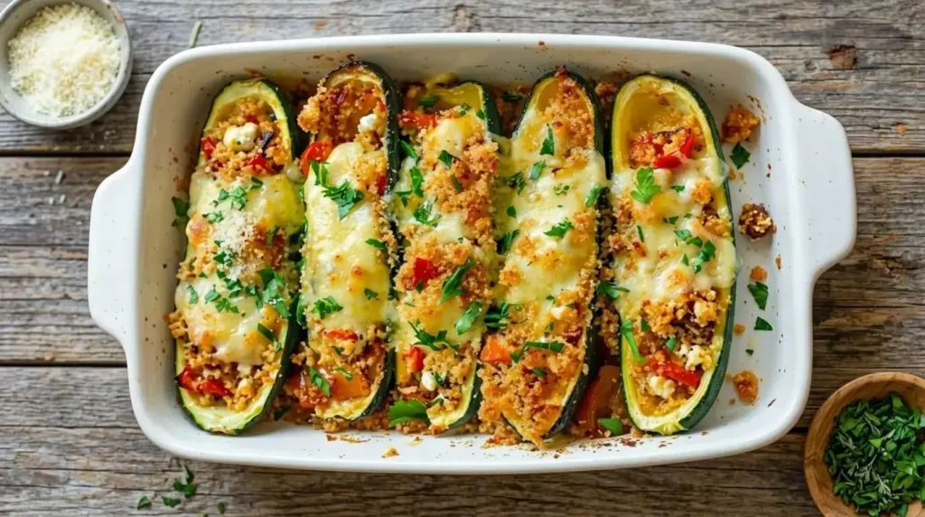 Five golden baked couscous and feta stuffed zucchini boats with melted cheese and fresh parsley in a white ceramic baking dish.