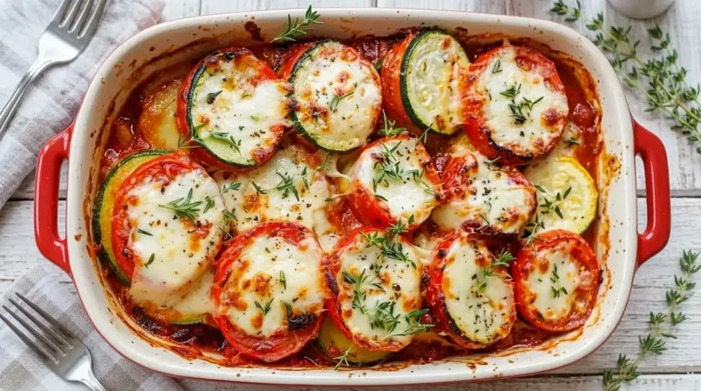 Tomato Zucchini Gratin with Mozzarella in a white ceramic dish with red handles, topped with melted mozzarella, browned Parmesan, and fresh thyme.