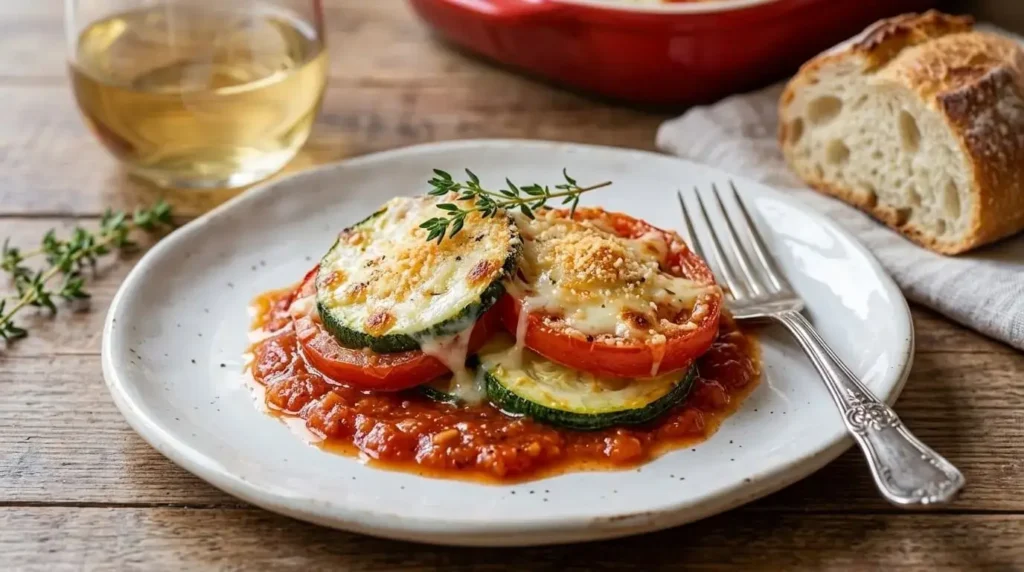 A portion of cheesy tomato zucchini gratin served on a white plate with a fork and artisan bread.
