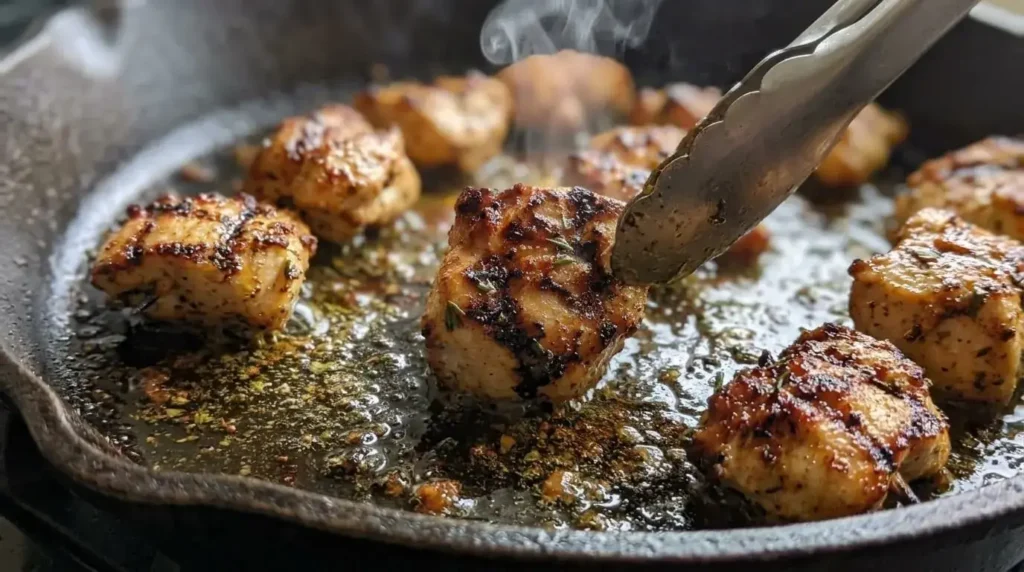 Grilling bite-sized marinated souvlaki chicken pieces on a hot cast-iron grill pan until charred and golden brown.