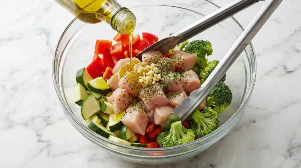 Tossing raw cubed chicken breast and colorful fresh vegetables with olive oil and spices in a glass bowl.