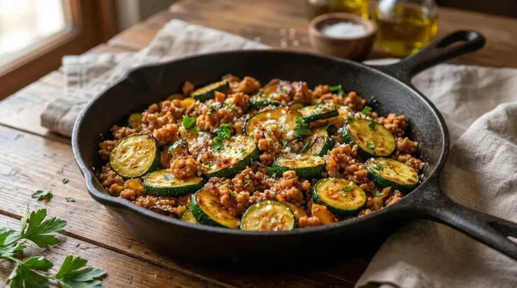 "Finished Mediterranean Ground Turkey and Zucchini Skillet topped with parmesan and parsley in a cast-iron pan."