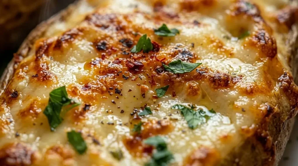 Close-up macro detail of golden-brown blistered cheese crust on a crispy stuffed baked potato.