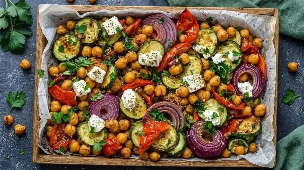 Mediterranean sheet pan roasted chickpea and vegetable bake with zucchini, red peppers, onions, and crumbled feta cheese on parchment paper.