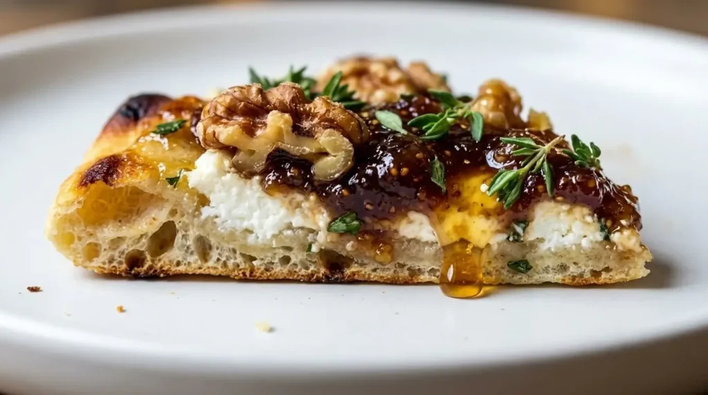 Sliced piece of fig and goat cheese flatbread topped with toasted walnuts and honey drizzle.