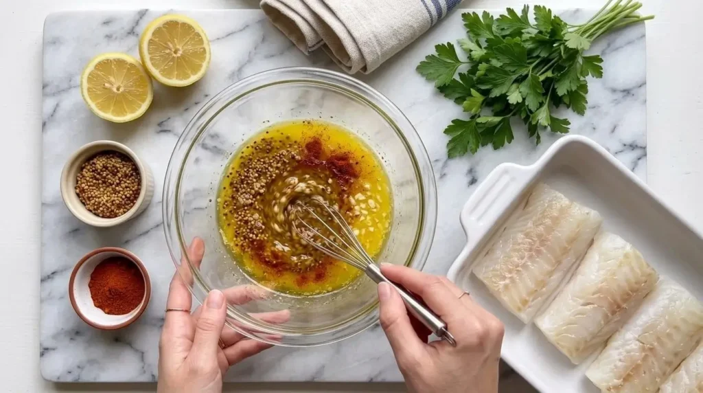Whisking garlic butter, whole-grain mustard, lemon juice, and spices in a glass bowl for fish glaze.