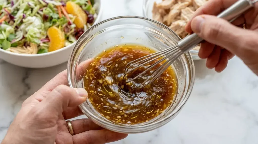 Hand whisking olive oil sesame ginger dressing in a small glass bowl for Asian chicken salad.