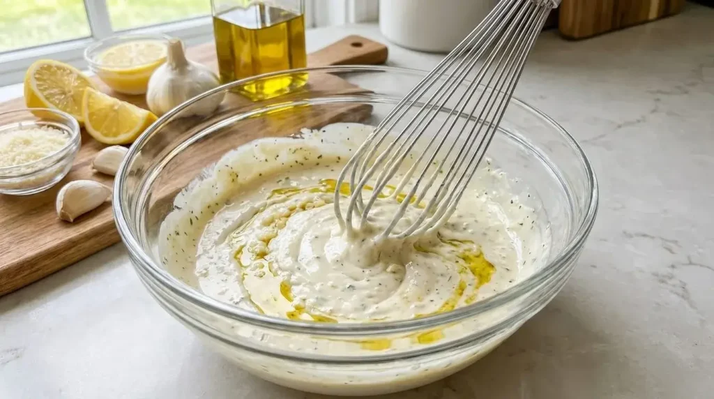 Whisking homemade Greek yogurt Caesar dressing in a glass bowl.