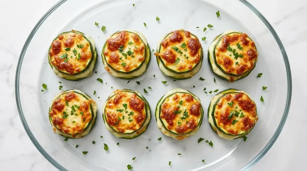 Baked zucchini and cheese stacks topped with golden bubbling Parmesan and mozzarella on a round glass plate.