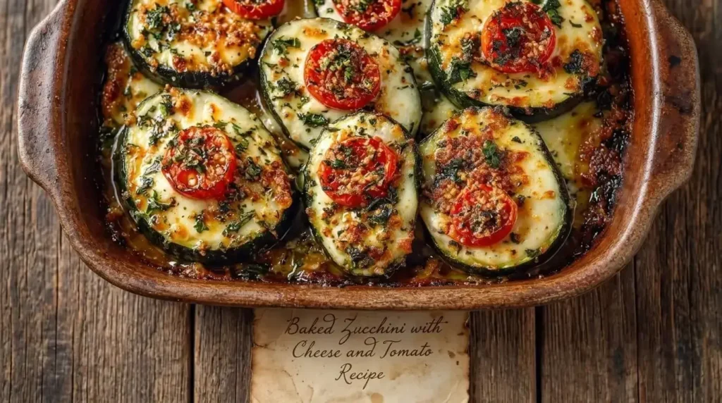 Baked Zucchini with Cheese and Tomato in a rustic ceramic dish garnished with fresh basil.