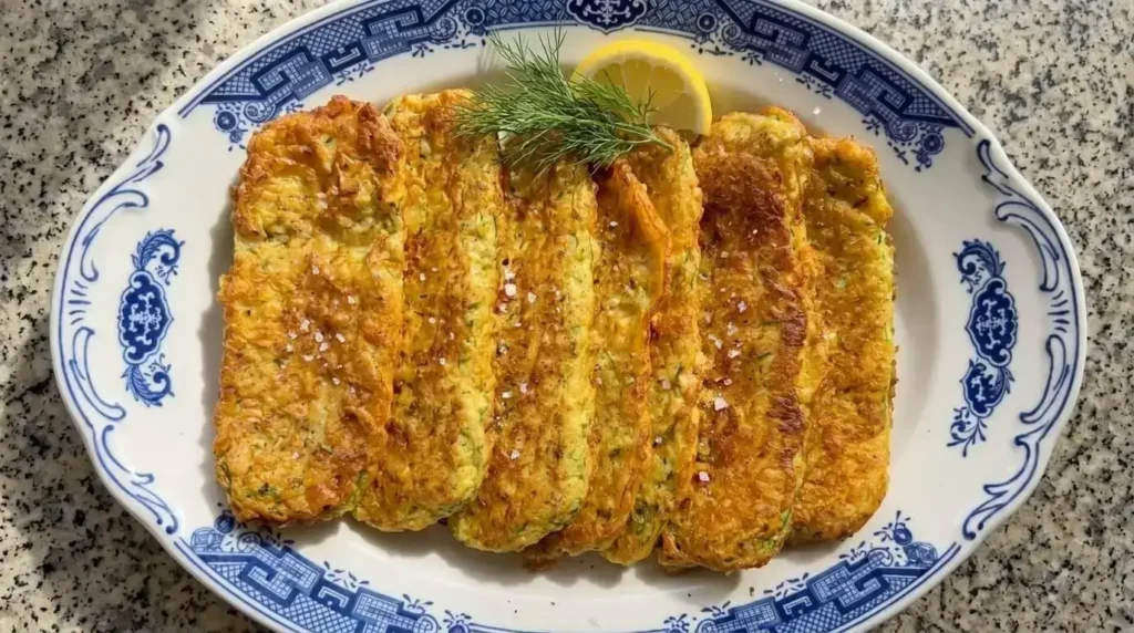 Crispy Mediterranean zucchini fritters sprinkled with sea salt, garnished with dill and lemon on a blue patterned platter.