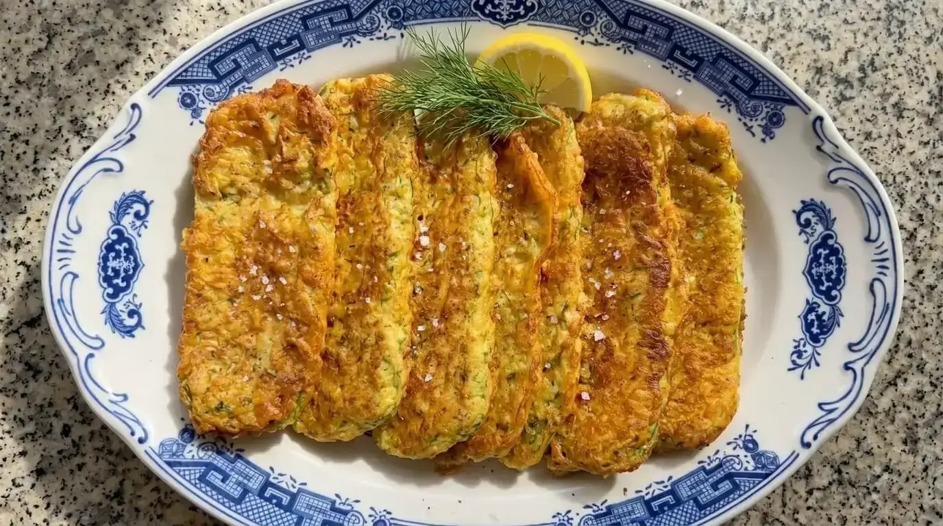 Crispy Mediterranean zucchini fritters sprinkled with sea salt, garnished with dill and lemon on a blue patterned platter.