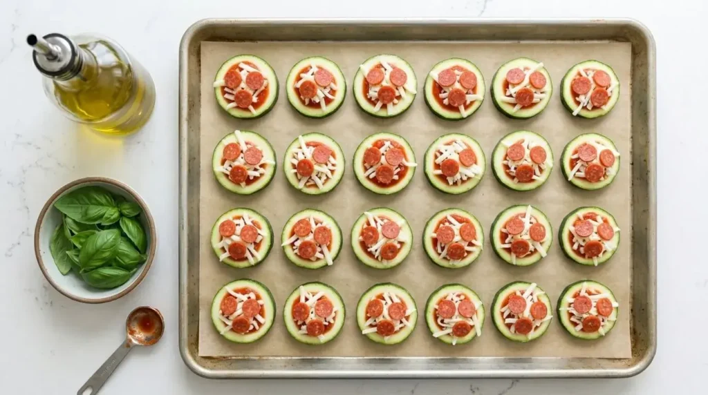 Sheet pan filled with sliced zucchini topped with pizza sauce, mozzarella, and beef pepperoni before baking.