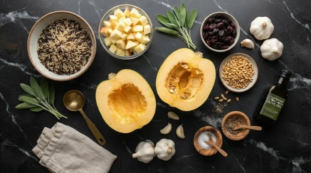 Fresh ingredients for Mediterranean stuffed acorn squash including apples, cranberries, wild rice, pine nuts, and sage.