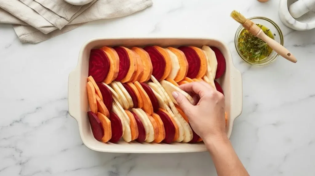 Hand arranging sliced red beets, sweet potatoes, and parsnips in a baking dish for a vegetable tian recipe.