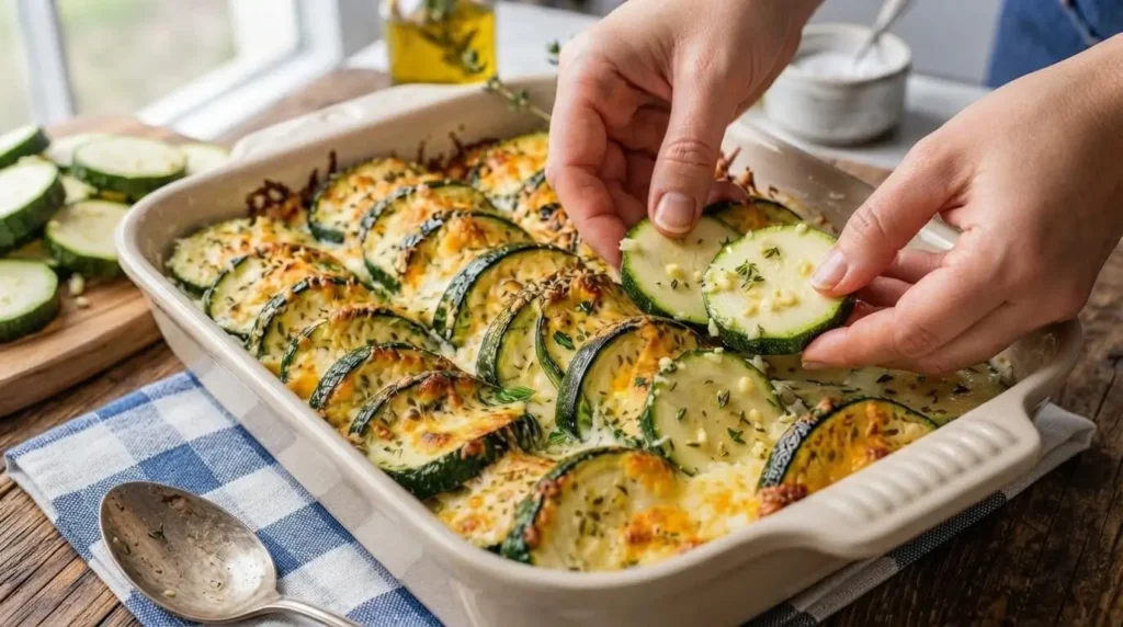 Arranging seasoned zucchini slices in tight overlapping shingle rows in a ceramic baking dish.