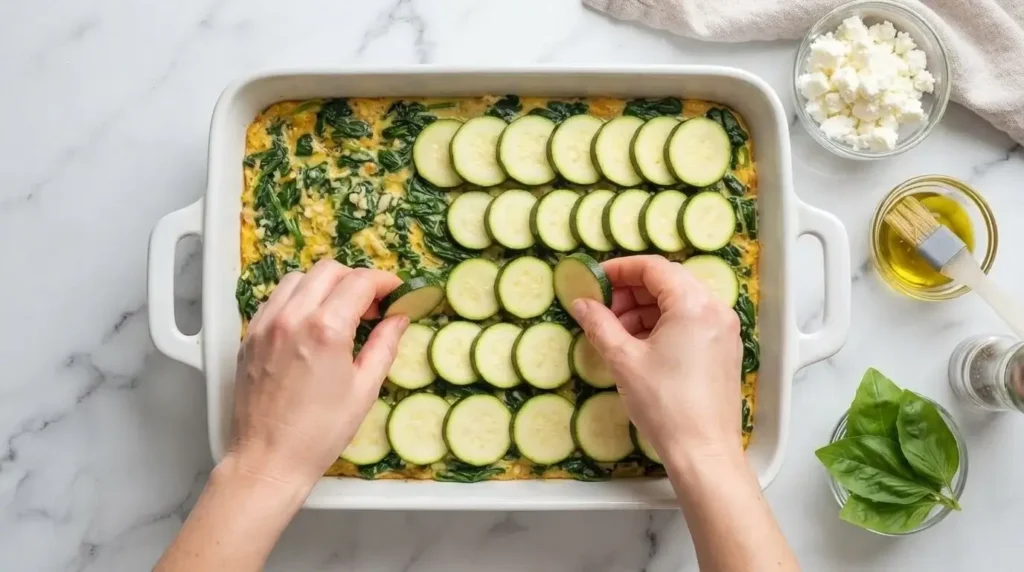Step-by-step layering of sliced zucchini rounds over spinach egg base in a ceramic casserole dish.