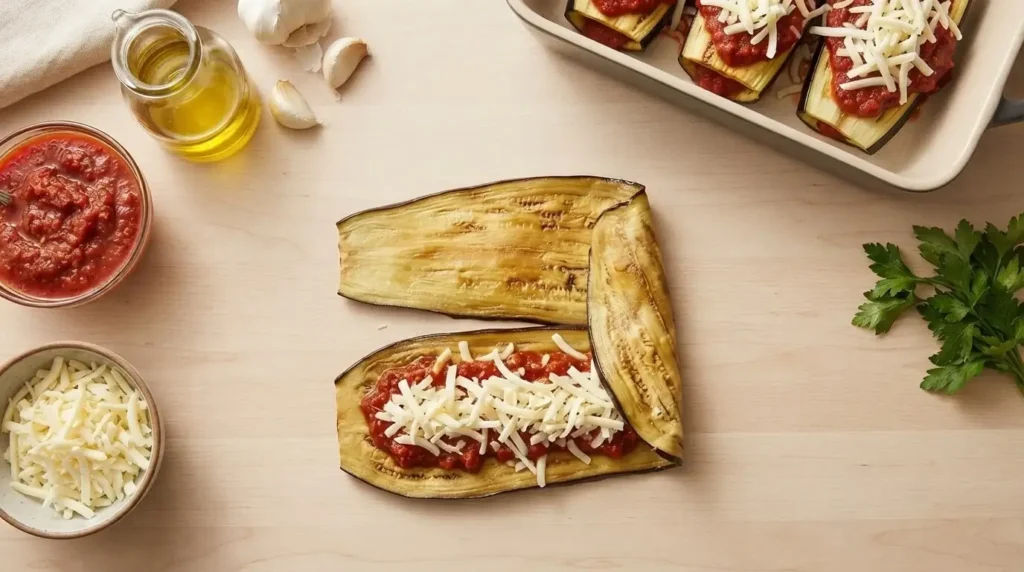 Sliced roasted eggplant plank topped with marinara sauce and mozzarella cheese being assembled on a board.
