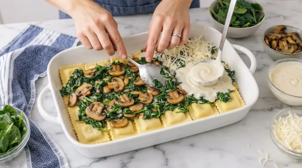 Assembling layers of fresh ravioli, mushrooms, spinach, and cheese in a ceramic casserole dish.