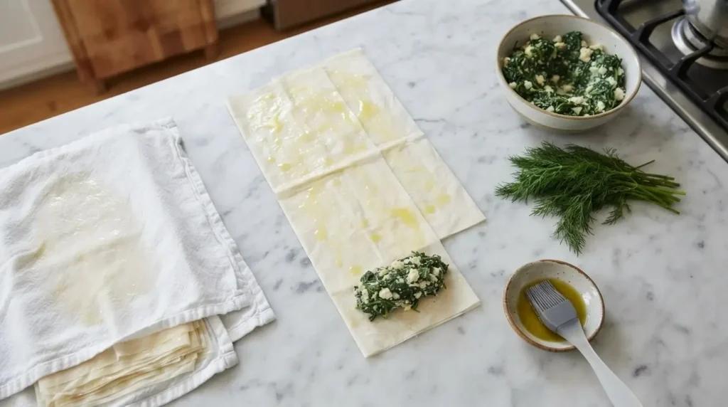 Overhead view of assembling spanakopita rolls with spinach feta filling on layered phyllo pastry strips.