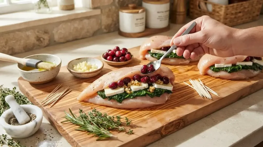How to stuff a chicken breast with spinach, Brie cheese, and cranberries step by step.