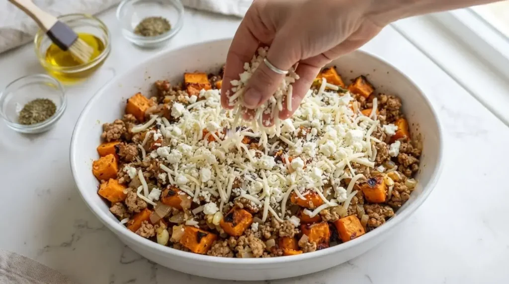 Layering ground turkey and par-roasted sweet potato cubes in a baking dish before adding shredded mozzarella and feta cheese topping.