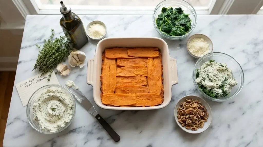Assembling sweet potato lasagna layers with sweet potato sheets, ricotta cheese, and spinach.