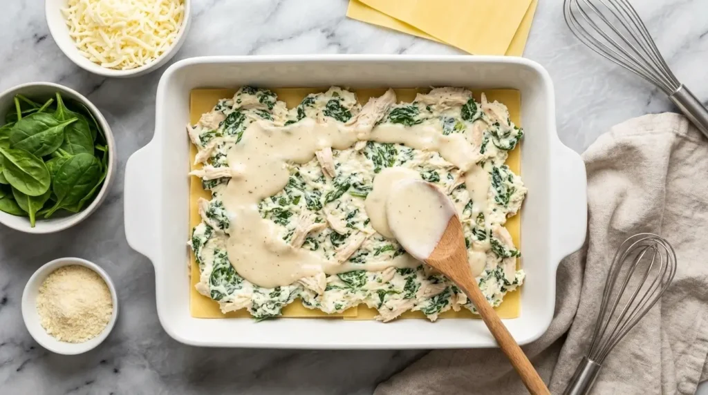 Layering white chicken lasagna with spinach ricotta filling and drizzling garlic parmesan sauce in a baking pan.