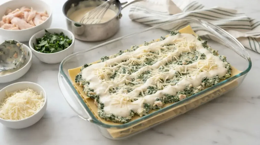 Layering lasagna noodles, chicken spinach filling, garlic béchamel sauce, and mozzarella cheese in a glass dish.