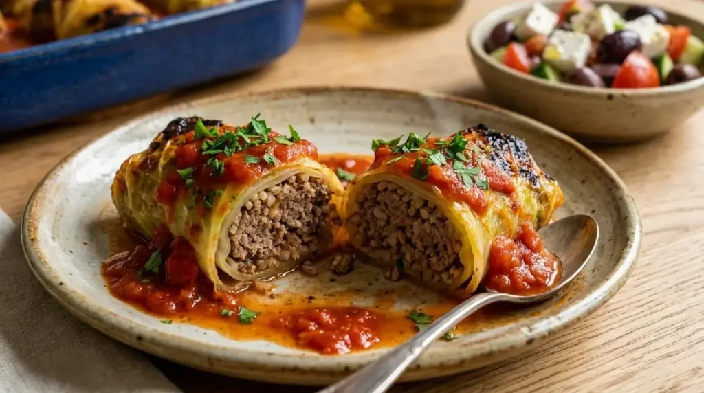Plated serving of a sliced Mediterranean stuffed cabbage roll showing ground beef and brown rice filling with tomato sauce.