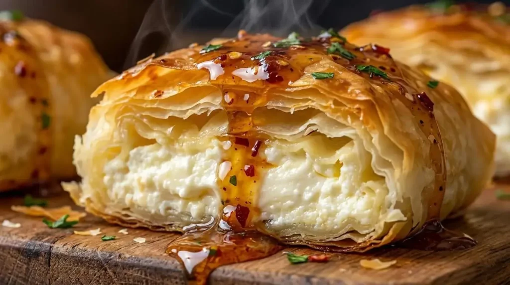 Close up cross section of a baked feta roll showing molten cheese center and flaky phyllo.