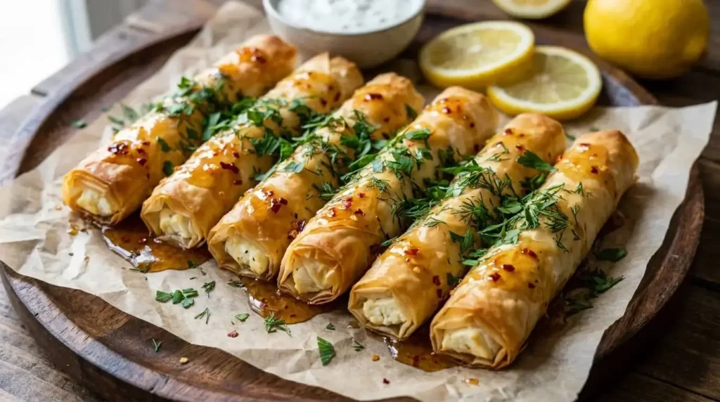 Baked Feta Rolls with Hot Honey sprinkled with fresh green herbs on parchment paper.