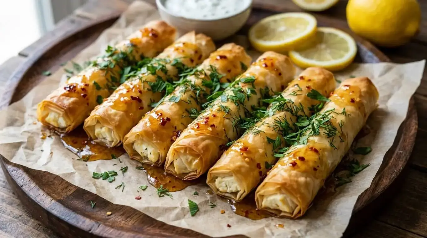 Baked Feta Rolls with Hot Honey sprinkled with fresh green herbs on parchment paper.