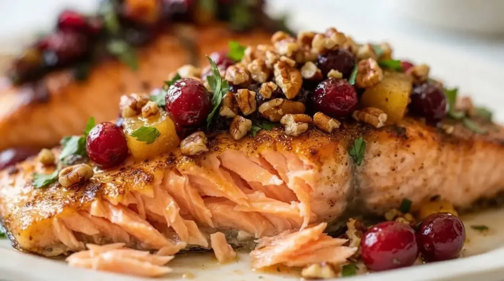 Close-up of flaky baked salmon topped with sweet-tart cranberry salsa and toasted pecans.