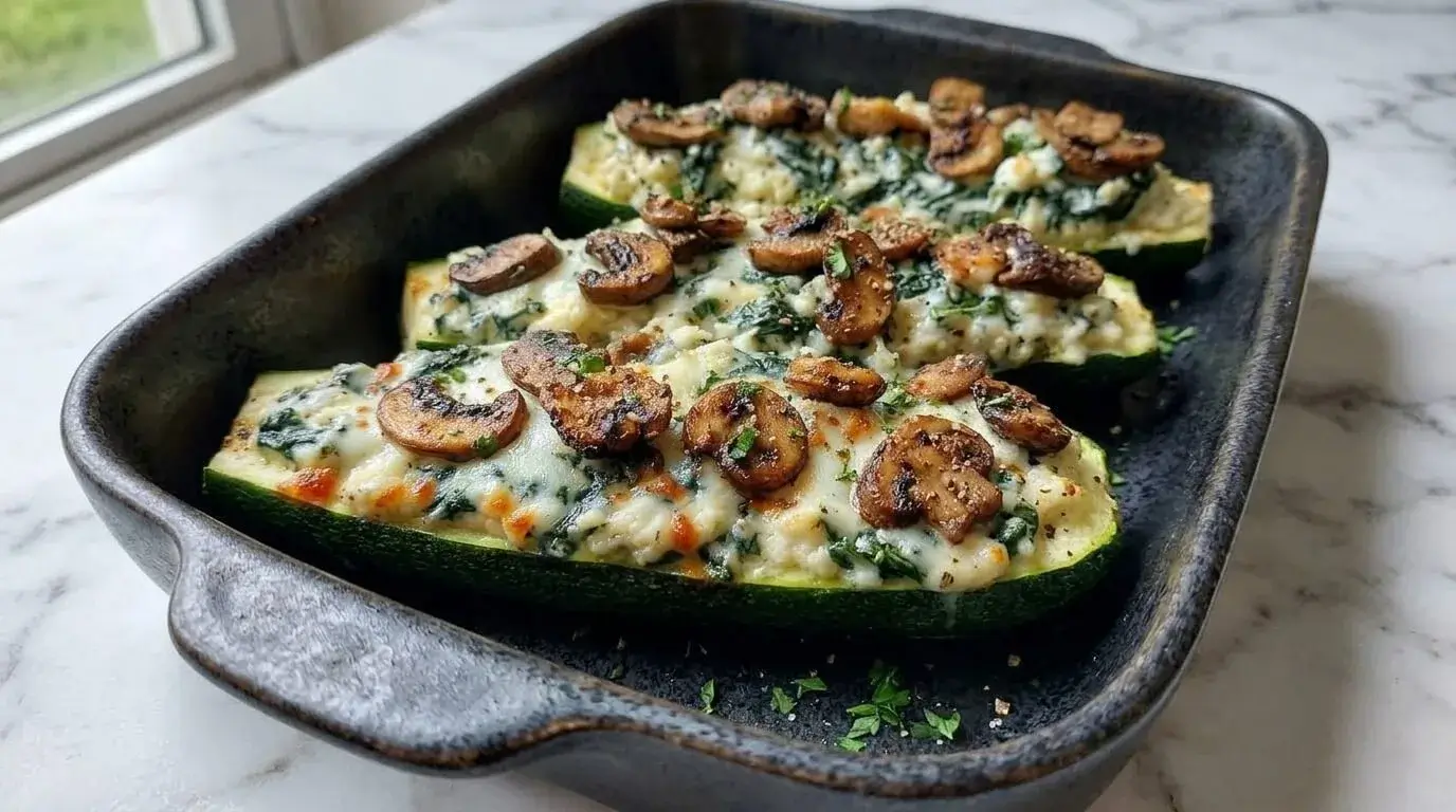 Baked spinach mushroom and ricotta-stuffed zucchini boats with melted mozzarella cheese in a ceramic baking dish.