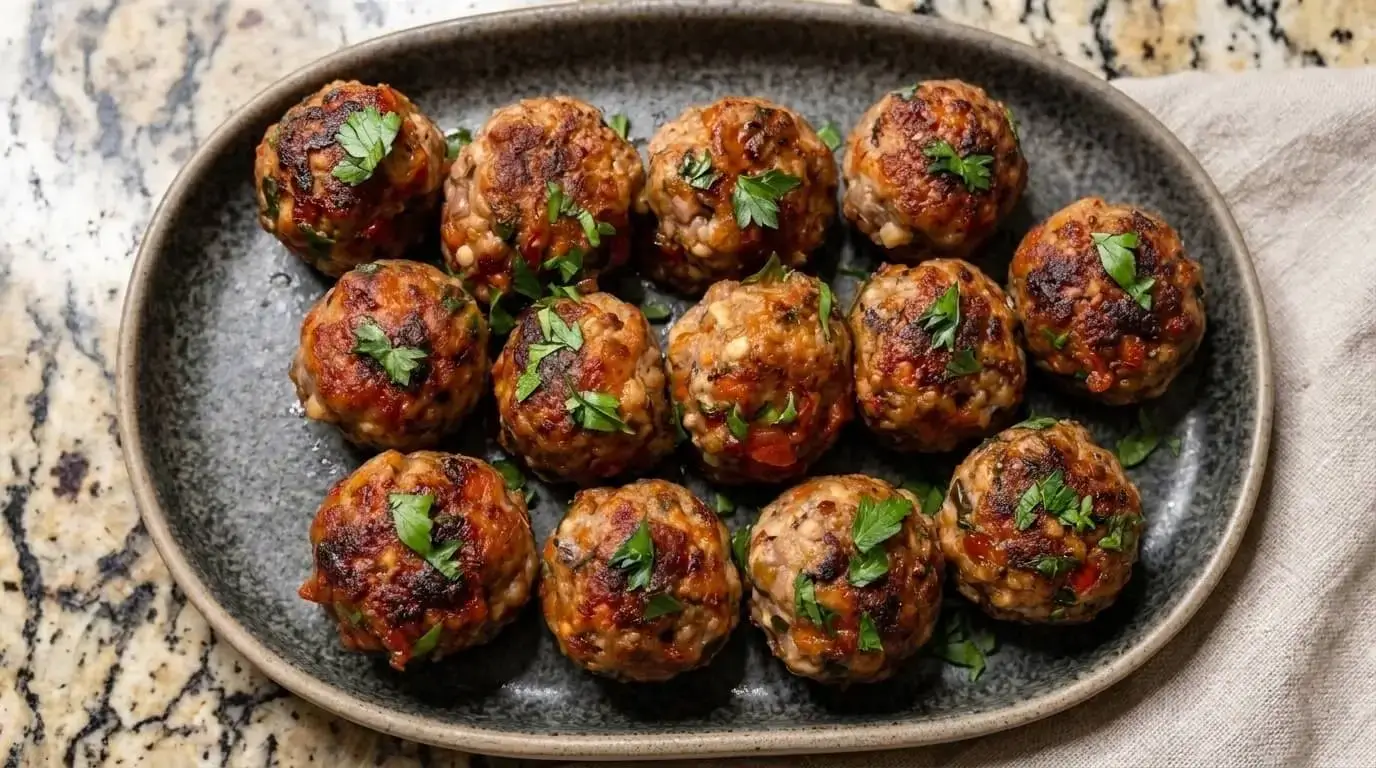 Platter of baked vegan mushroom meatballs made with cremini mushrooms and walnuts sprinkled with fresh parsley.
