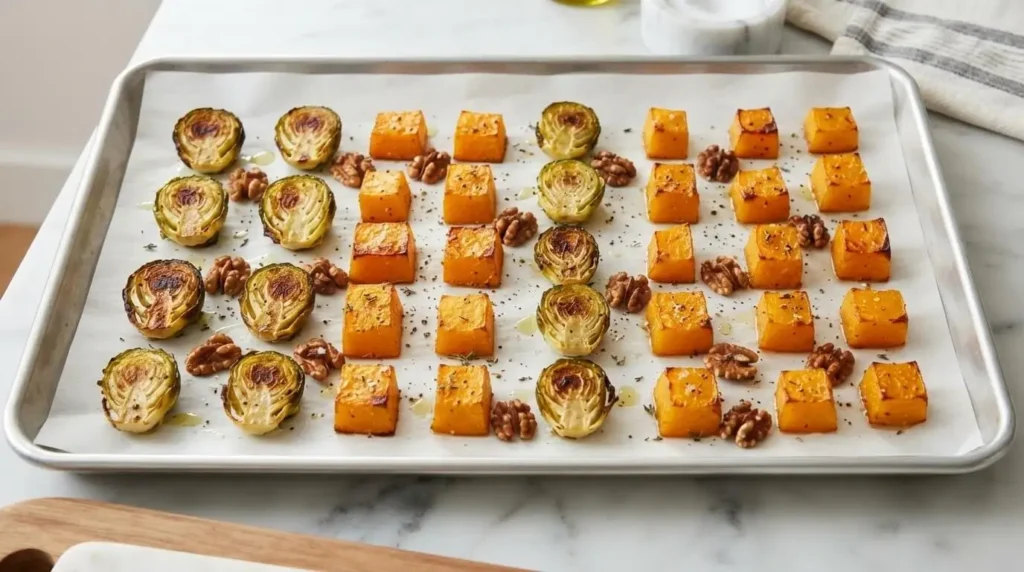 Sheet pan of roasted butternut squash cubes, halved Brussels sprouts, and walnuts fresh out of the oven.