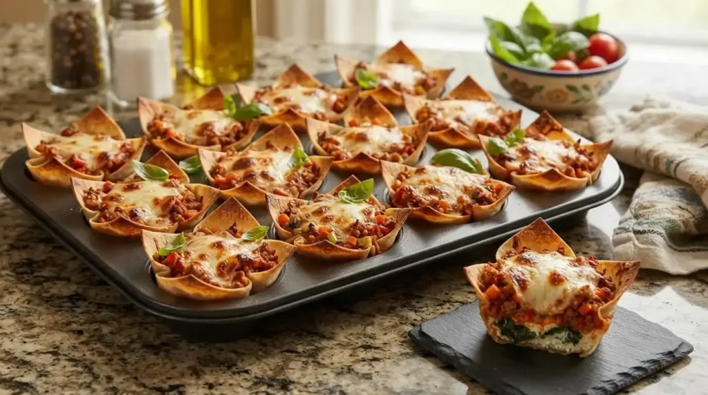 Freshly baked mini lasagna cups in a 12-cup muffin tin with golden crispy wonton edges and melted bubbly mozzarella cheese.