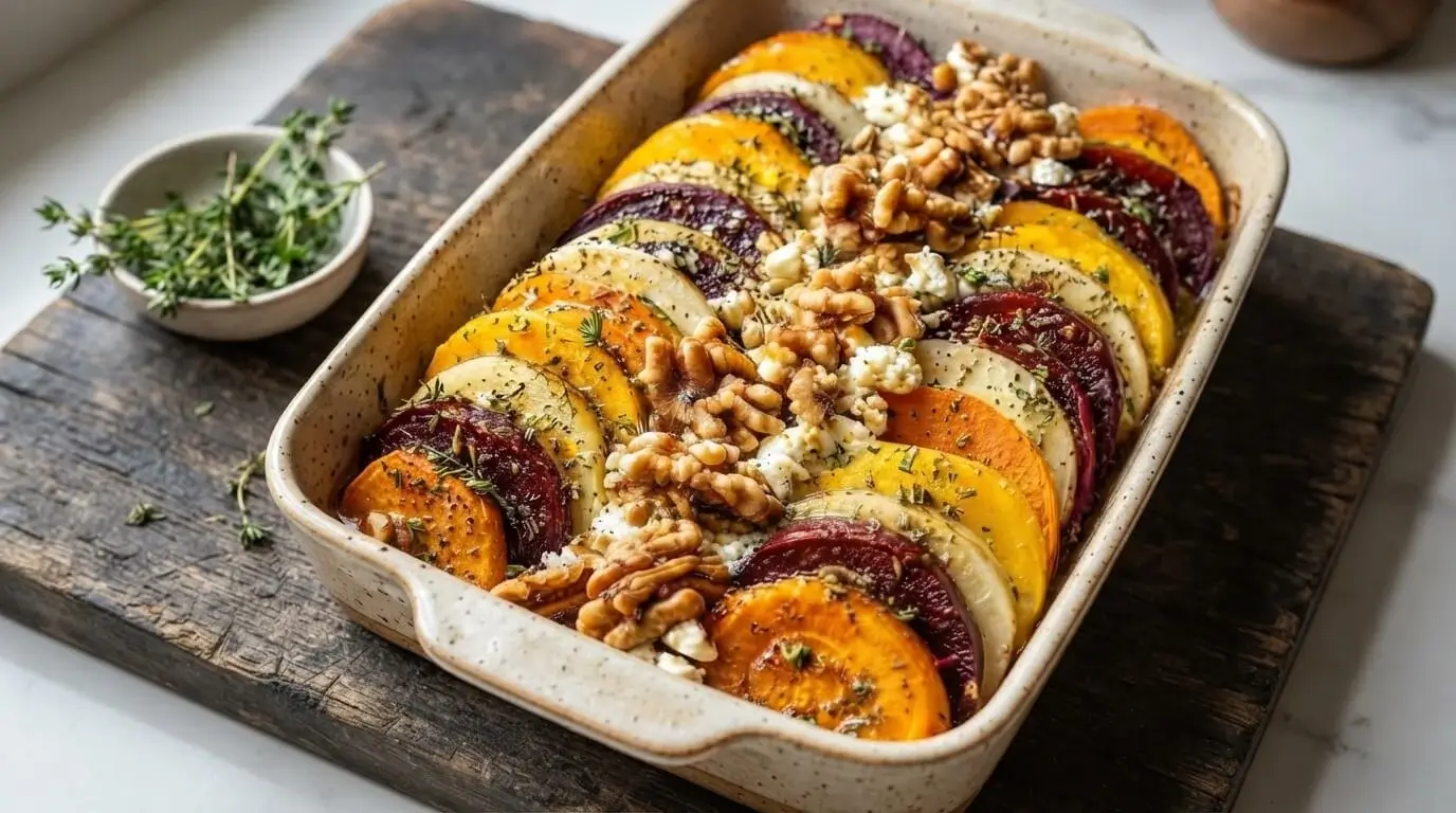 Mediterranean layered beet, sweet potato, and feta gratin topped with toasted walnuts in a ceramic baking dish.