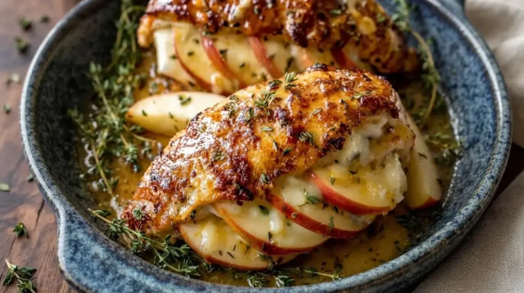 Hasselback Apple and Brie Stuffed Chicken topped with melted cheese and fresh thyme in a blue ceramic dish.
