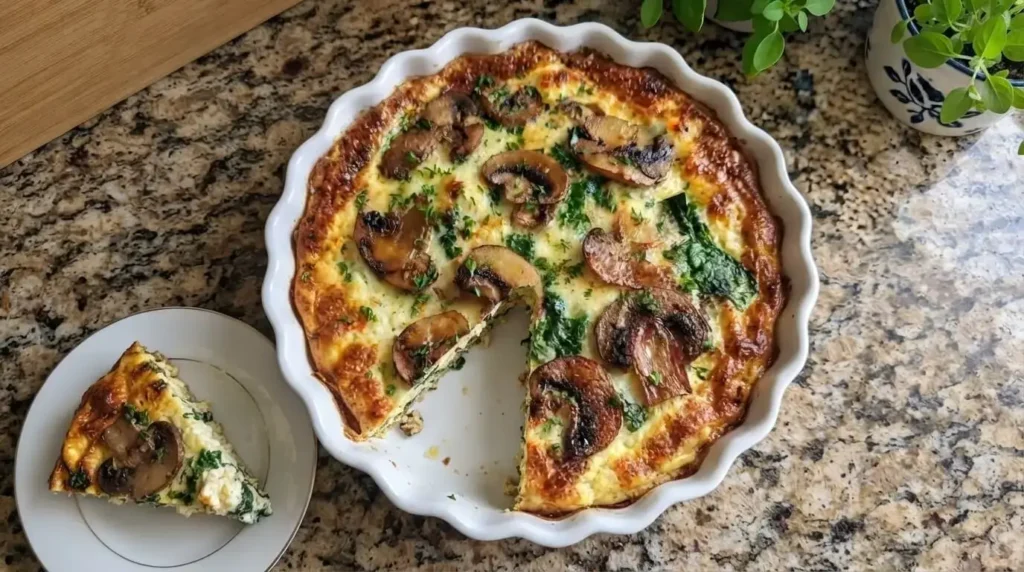 Freshly baked Classic Spinach & Mushroom Crustless Quiche with golden brown top and sliced mushrooms in a white fluted ceramic dish.