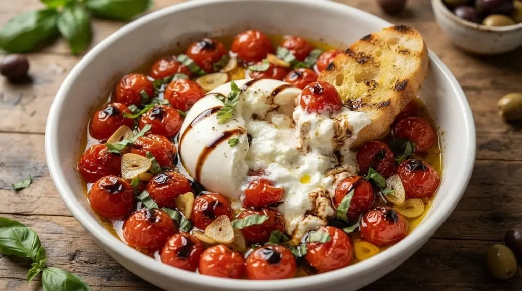 Baked Burrata with Roasted Cherry Tomatoes served in a baking dish with toasted crostini scooping warm cheese.