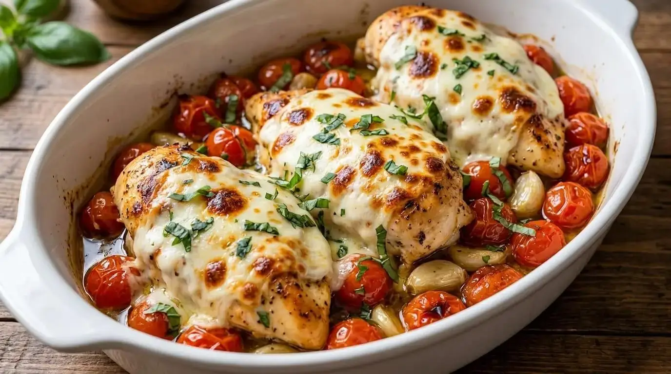 Cheesy Roasted Tomato Mozzarella Chicken baked in a ceramic dish with blistered cherry tomatoes, whole garlic, and melted mozzarella.
