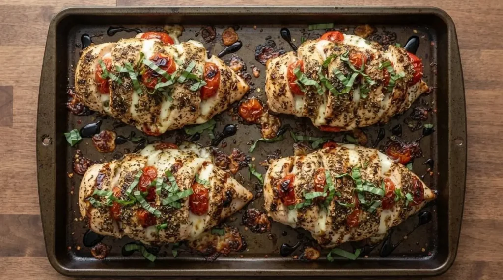 Sheet pan with baked stuffed chicken breasts filled with garlic, spinach, and mozzarella cheese.